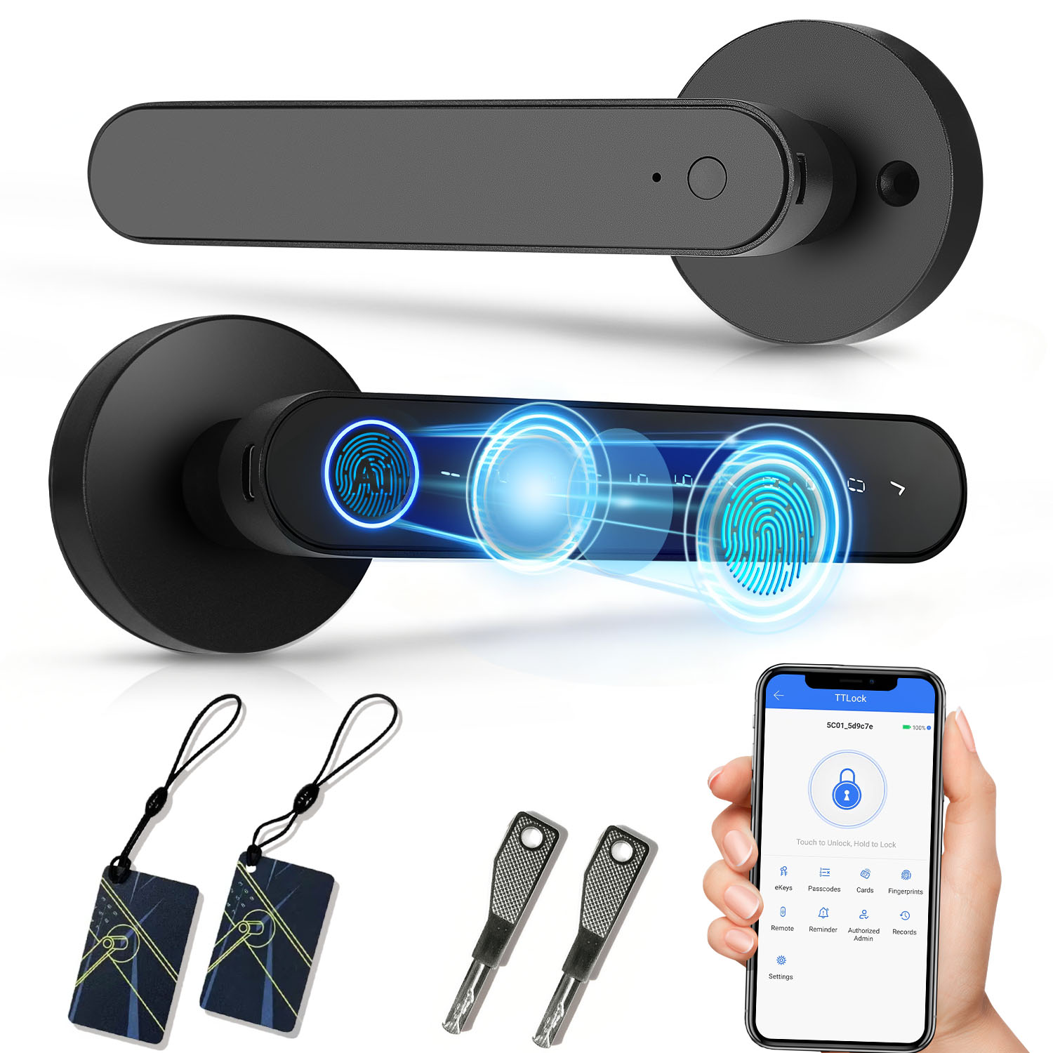 Home Security Keypad - TTlockアプリ 指紋認証スマートロック RFIDカード 電子ドアロック メカニカルキーによる解錠 家庭用木製ドア用