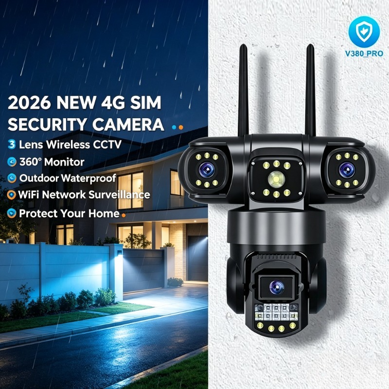 Home Yard Security Cameras - 3レンズ4G SIMセキュリティカメラ360 ° 回転式屋外防水ヤードリモートWiFi監視モニタリングデバイス
