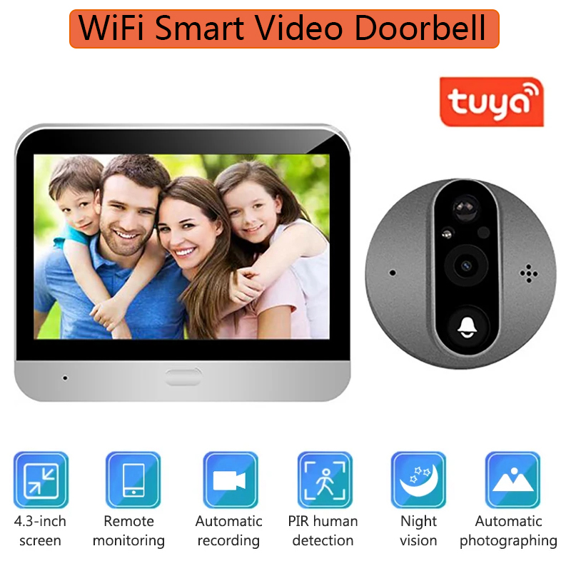 Home Security Doorbell Camera - 4.3インチWiFi Tuyaスマートビデオドアベル 1080P 双方向音声インターコム ドアアイカメラ ホームセキュリティ