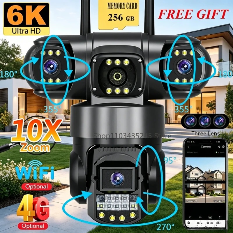 3レンズ4G SIMセキュリティカメラ360 °   回転式 - Home Yard Security Cameras のレビューと価格