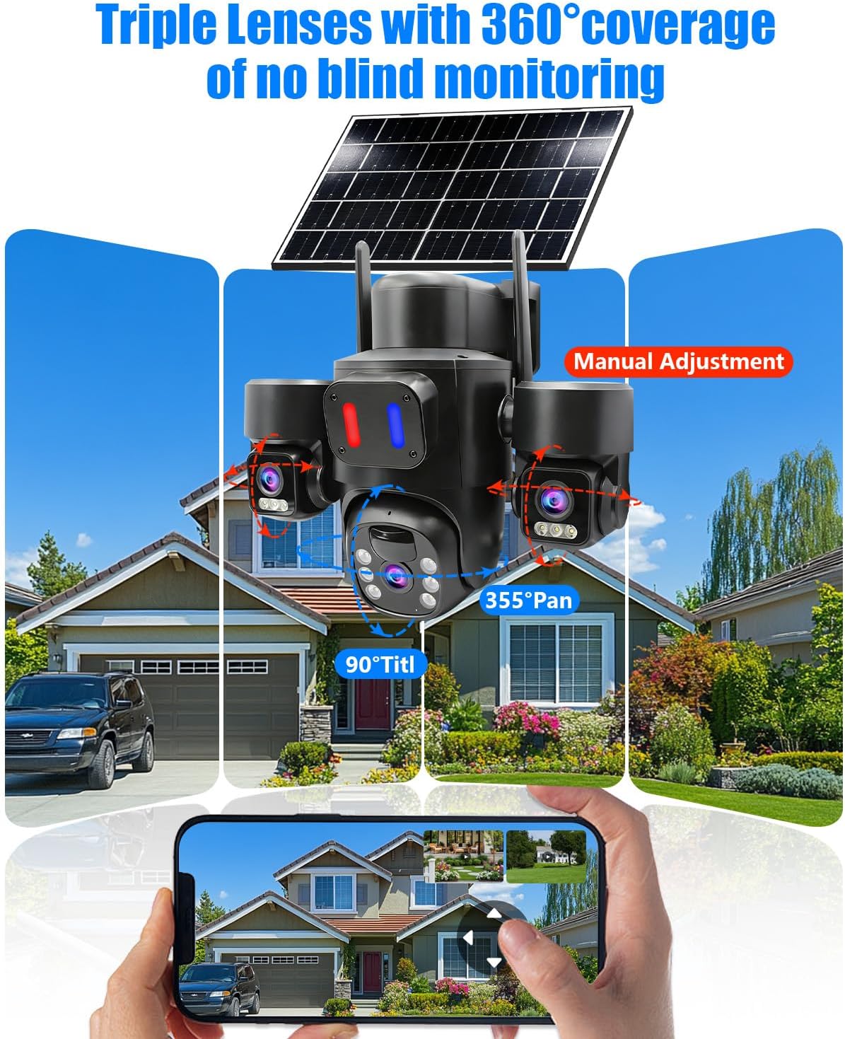 屋外用ソーラーセキュリティカメラ トリプルレンズPTZ 36 - Home Yard Security Cameras のレビューと価格